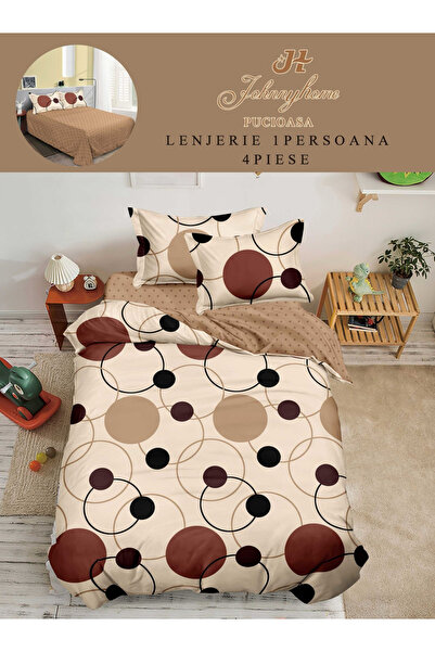 Pucioasa Set de lenjerie de pat 4 piese, model geometric cu cercuri, bej și m...