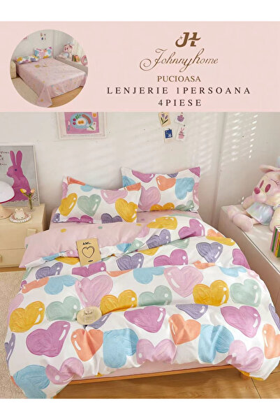 Pucioasa Set de lenjerie de pat pentru 1 persoană, 4 piese, Roz, Inimi colora...
