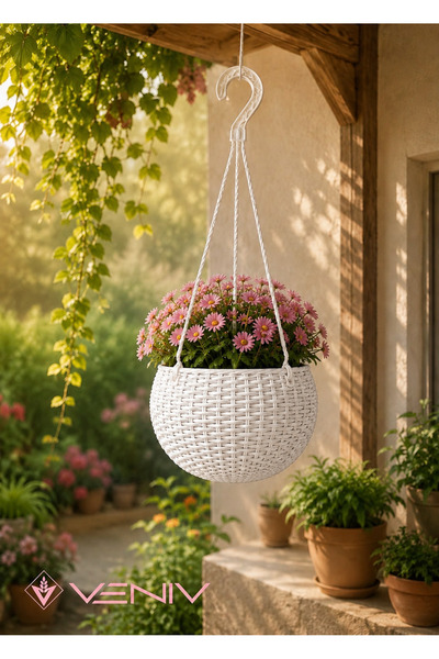 VENİV Rattan Desenli Askılı Saksı 2 Litre – Alt Tablalı Dekoratif Saksı