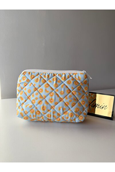 emelimin Women's Orange Patterned Quilted Makeup Bag and Travel Cosmetic Bag