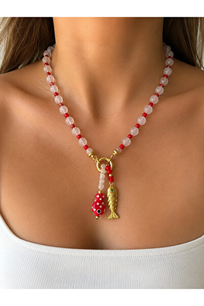 BEAD BERRY Pembe Kuvars Doğal Taş ve İkili Balık Figürlü El Yapımı Kolye