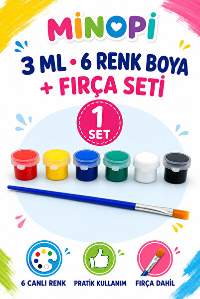 Minopi 6 Renk Akrilik Boya 3 ml ve Fırça seti 1 Set