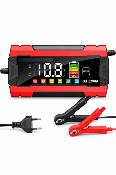 12V 8A Akıllı Akü Şarj Cihazı LCD Ekranlı Otomatik Akü Bakım ve Onarım Cihazı AGM, GEL, EFB ve LiFePO4 Uyumlu