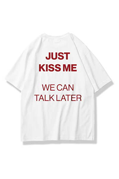 STYKEER Unisex Oversized T-Shirt Kiss Me Printed Loose Fit White T-Shirt