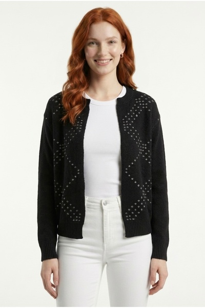 Neden Tekstil Women's Black Patterned Knitwear Cardigan