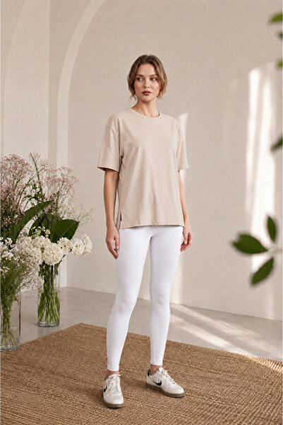 USLULAR Beige Crew Neck Basic Women's T-Shirt 100% Cotton Side Slits Short Sl...
