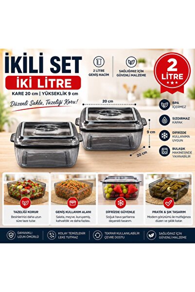 OLİAHOME 2’li 2 Litre Saklama Kabı Silikon Contalı Kapaklı Plastik Erzak Sakl...