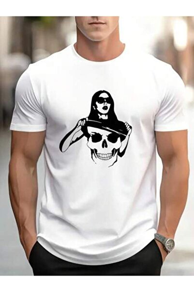 799 Men's Casual Pure T-Shirt - Skull And Beauty Print, Short Sleeve, Round N...