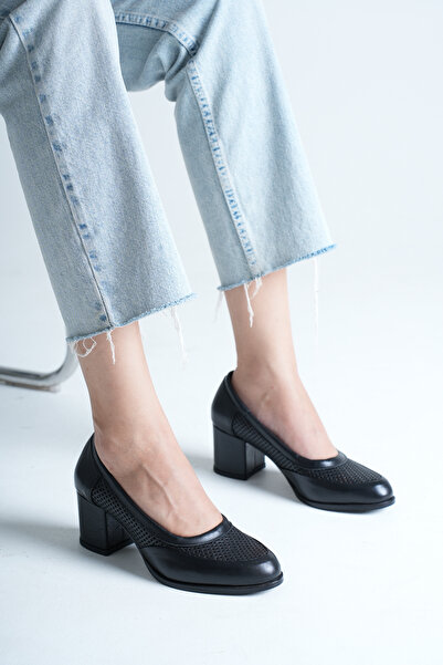 ANALİN SHOES Women's Genuine Leather Casual Heeled Shoes - Black