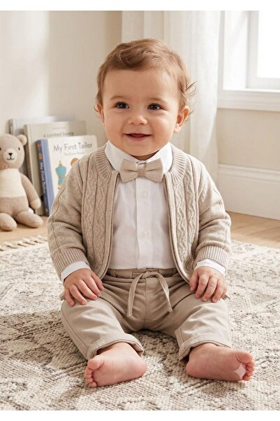 Efemkids Cardigan+Bow Tie+Linen Pants 3-Piece Baby Boy Suit with Elastic Wais...