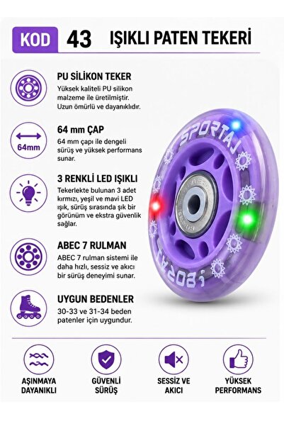 Sportaj 64 mm Renkli Led Işıklı Lila Paten Tekeri PU Silikon Abec 7 Rulmanlı KOD 43