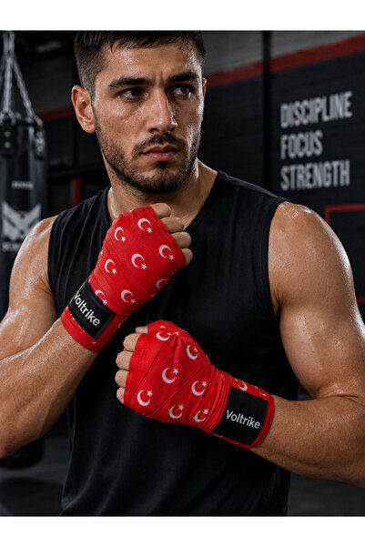 Voltrike Türk Bayraklı Kırmızı Boks-Kickbox-Muay Thai-Sanda El Bandajı