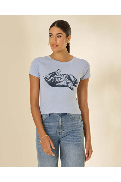 REDTAG Women Blue Printed Rib T-Shirt