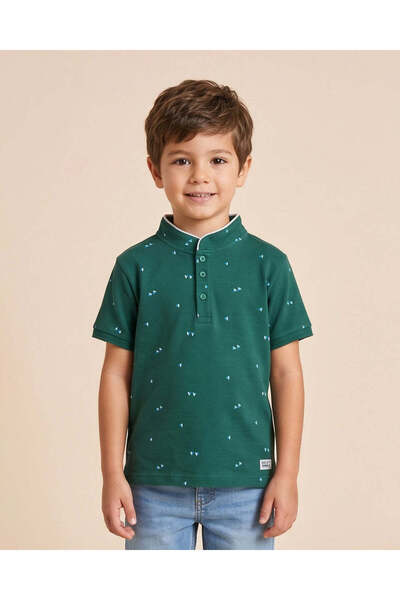 REDTAG Boys Teal Green AOP Mandarin Collar Polo