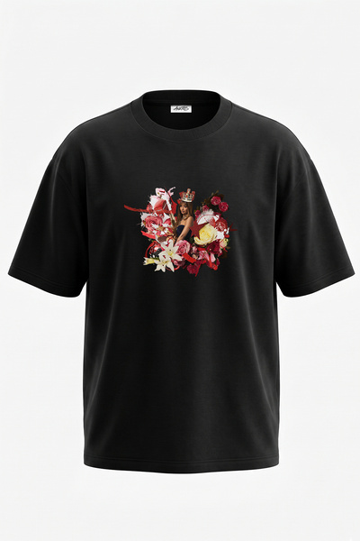 Anetos Women's Tac Ruj Design Printed Oversize Black T-Shirt