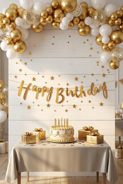 Bimotif Happy Birthday Altın Kaligrafi Banner (Doğum Günü Parti Süsü)