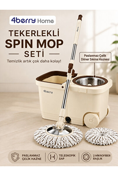 4 Berry Tekerlekli Spin Mop Seti Pedallı Sıkma Hazneli, Mikrofiber Başlıklı v...