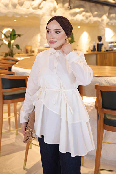 İmajButik Krem İp Bağlamalı Katlı Gömlek