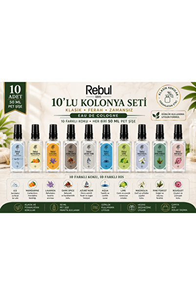Rebul 10'lu 50 ml Sprey Kolonya Seti Pet Şişe 10 Farklı Koku Ferahlatıcı Avantaj Paketi