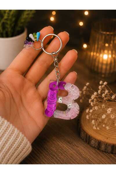 GMA KEYS Letter B Pink Purple Color Beaded Epoxy Keychain