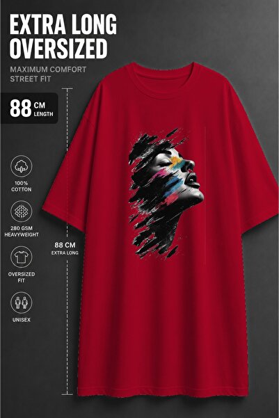 classy moda Unisex Oversized Extra Long Colorful Paint Effect Face Printed T-...