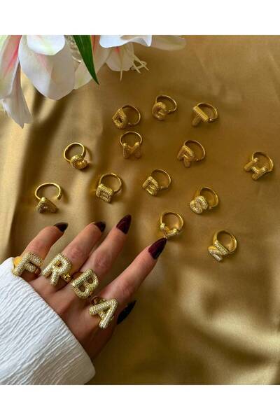 MonCheriAccessoire 14K Altın Kaplama Zirkon Taşlı Harfli Ayarlanabilir Yüzük