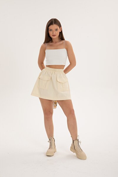 harmony factory High Waist Pocketed Mini Cargo Skirt Cream