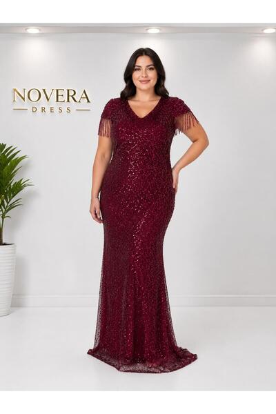 NOVERA DRESS Novera Bordo V Yaka Sallantılı Boncuk El İşlemeli Payetli Balık ...