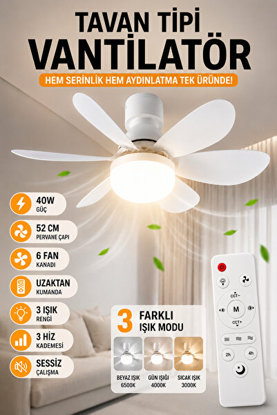 Kasliva LED Işıklı Tavan Tipi Vantilatör Uzaktan Kumandalı 3 Hız 3 Işık Rengi...