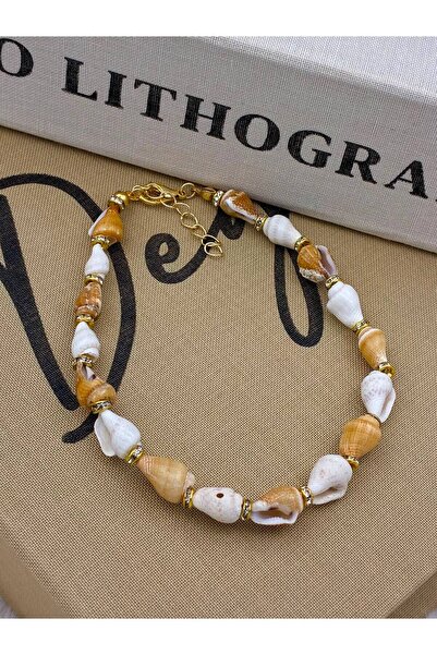 Hedef Bijuteri Gold Detailed Full Round White & Brown Seashell Anklet (Anklet)