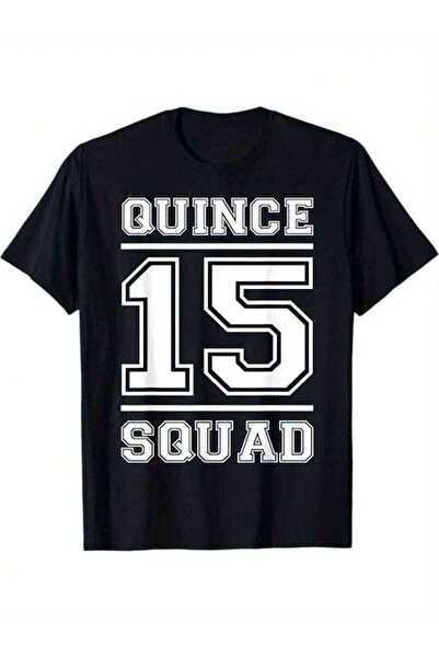 799 تي شيرت QUINCE 15 SQUAD - تي شيرت أسود جريء بتصميم على طراز الجامعة للاحت...