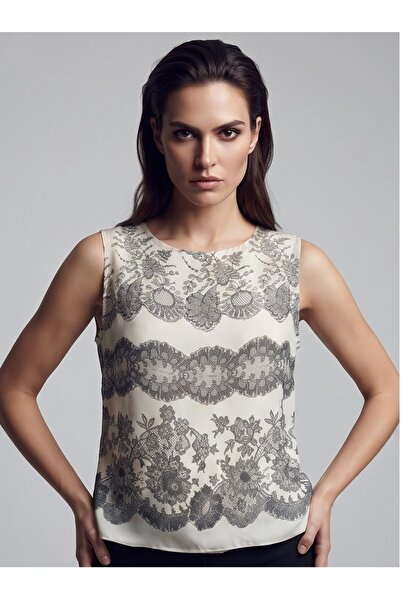 Herry Women's Cream Lace Patterned Tiril Tiril Sleeveless Blouse