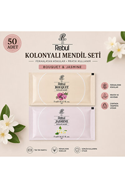 Rebul 50 Adet Kolonyalı Mendil Seti 25 Bouquet 25 Jasmine Tek Tek Paketli 5 ml