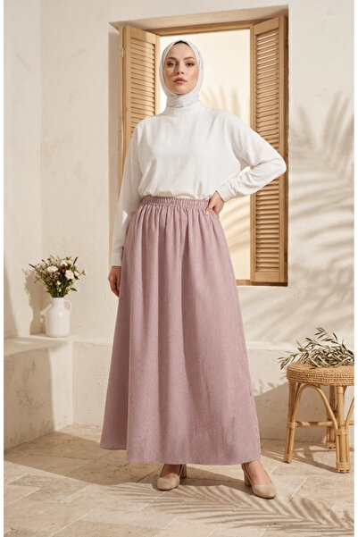 sefamerve Viscose Fabric Striped Skirt with Elastic Waist 0348-04 Claret Red