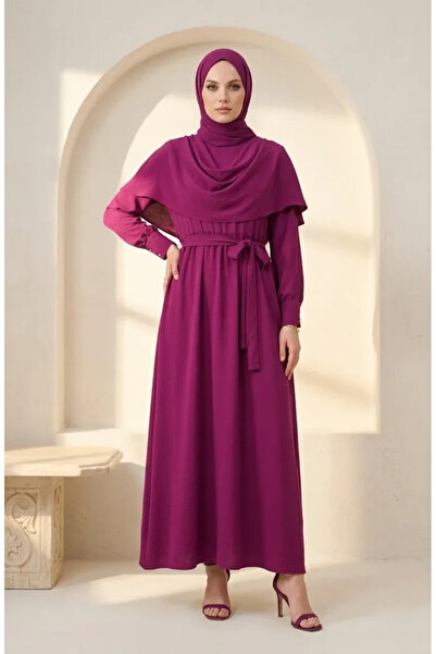 sefamerve Cape Detailed Belted Hijab Dress 2291-06 Plum