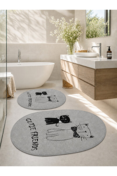 DECOVİST HOME Kaymaz Tabanlı Yıkanabilir 2’li Oval Gri Banyo Paspası ve Kloze...