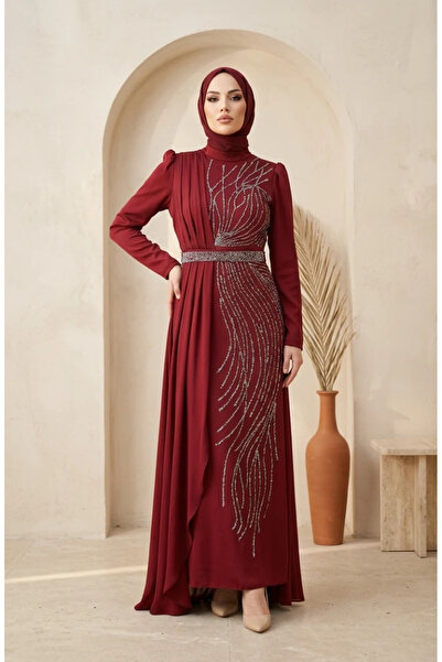 sefamerve Satin Stone Hijab Evening Dress 5724-01 Burgundy
