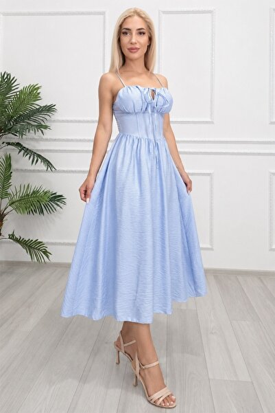 FashionForYou Миди рокля Ариела, с регулируеми презрамки и набръчкан плат, Бе...