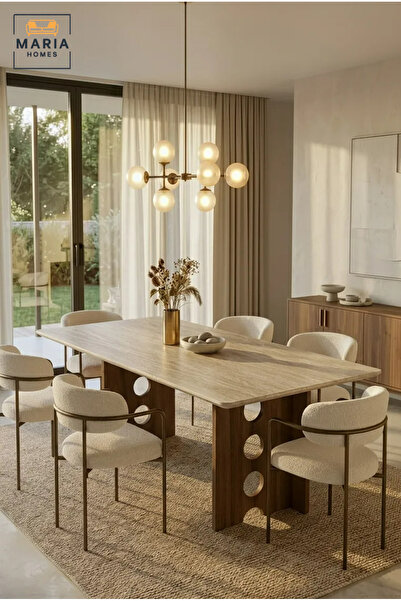 MARIA HOMES Large Rectangular Dining Table with Wooden Top and Decorative Woo...