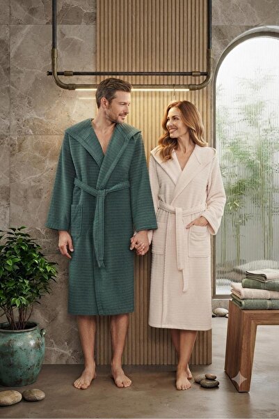2'Li Unisex %100 Pamuklu Büyük Beden Kendinden Desenli Çift Bornoz Seti