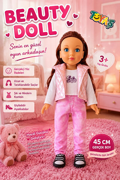 Toyaş Beauty Doll 45 cm Gerçekçi Et Bebek Uzun Saçlı Hareketli Kollu ve Bacak...