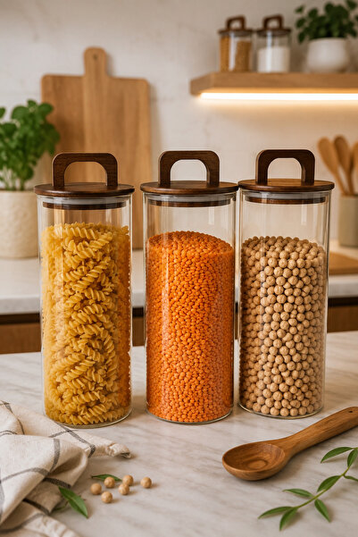 Fhilli Aria- 3-Piece Borosilicate Jar with Bamboo Lid 1300 ml Flat
