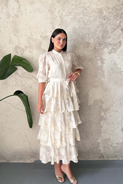 Elbee Fashion Woman Μπεζ φόρεμα με σχέδια σε στρώσεις