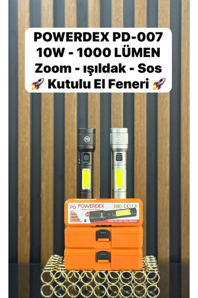 powerdex pd-007 10w-1000 lümen zoom-ışıldak-sos kutulu el feneri
