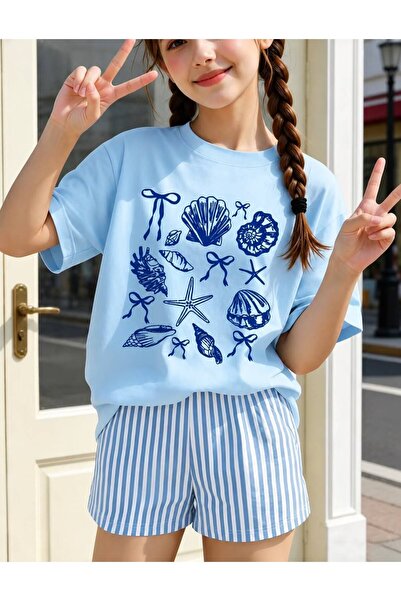 MORNİNG KİDS Girl's Sea-Themed Baby Blue T-Shirt-Blue and White Striped Popli...