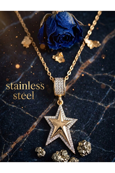 stainless steell قلادة من الفولاذ 316L بلون ذهبي وحجر الزركون على شكل نجمة كبيرة