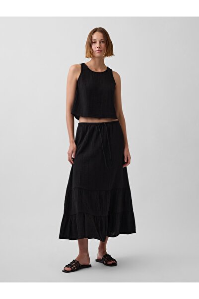 GAP Kadın Siyah Pamuk Gauze Tiered Easy Maxi Etek