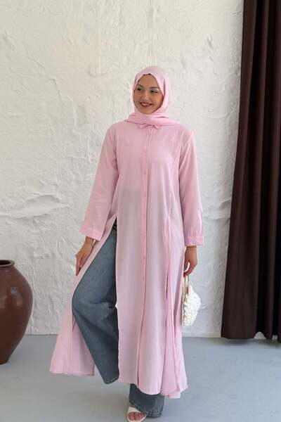 Modaensarbutik Yırtmaç Detaylı Boydan Düğmeli Tasarım Tunik-PEMBE