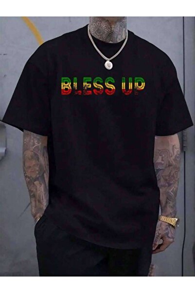 799 تي شيرت رجالي أسود للعطلات من القطن 100%، بتصميم "Bless Up Reggae Music L...