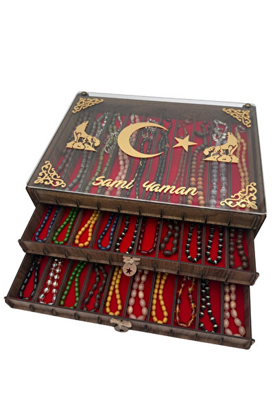 Yaman Hediyelik Kişiye Özel Şeffaf Kapaklı Ahşap Tesbih Koleksiyon Kutusu Tes...